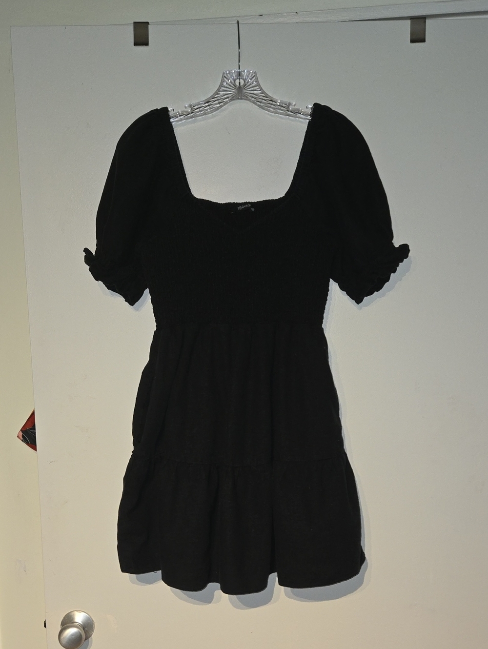 Madewell Black Puff Sleeve Smocked Mini Dress L